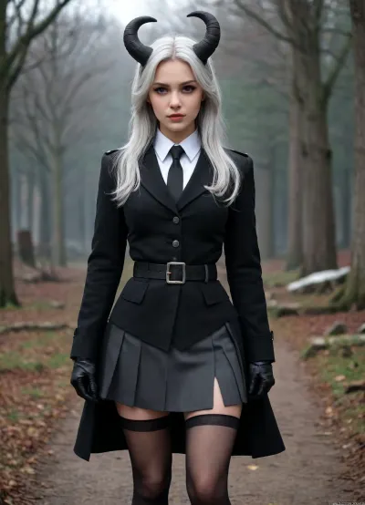 8k, highres, absurdres, masterpiece, best quality, original, extremely detailed CG, extremely detailed wallpaper, realistic, high resolution, ultra_sharp, lyco, (GoodHands-beta2:1), 1girl, solo, simple_background, standing, zzMakoto, horns, long hair, grey hair, demon horns, black horns, halo, multiple horns, pointy ears, grey eyes, black coat, black headwear, black necktie, coat on shoulders, collared shirt, long sleeves, military uniform, white gloves, black belt, white shirt, black pantyhose, black jacket, black skirt