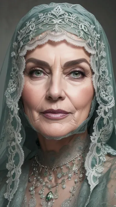 attractive mature 65 years old misterss, caucasian, silver hair, face covered with ornate dark green sheer lace face veil