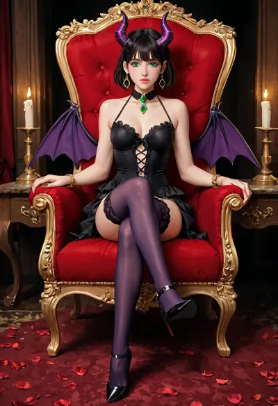 A young woman, likely in her late or early twenties, with dark hair and striking emerald green eyes, is depicted. She has a captivating expression and full lips. Her skin appears fair. The character is dressed in a form-fitting, dark purple, ornate outfit with accents of darker shades and emerald green gems. She is wearing black, high-heeled shoes and long, dark purple stockings. She has large, dark purple demon-like wings and pointed horns. She is seated in a stylized, ornate room with a dark, violet-tinged environment. Lighting emphasizes certain details, lending a dramatic vibe. The scene is set in an environment suggestive of a dark fantasy or supernatural setting, perhaps a hidden chamber or throne room. A golden ornate circular object is visible behind her. She holds a green vial or jar, liquid flows from it. Candles and scattered rose-like petals are in the foreground, a detail adding to the atmosphere. The subject is positioned slightly off-center towards the left of the image, but fills most of the frame. The character is presented in a manner that is both seductive and powerful. A three-quarter view, shows her face slightly angled towards the viewer. The colors are strong and dramatic, with dark purples and deep blues creating a rich and mysterious mood. The image style is stylized, with strong outlines and smooth shading.