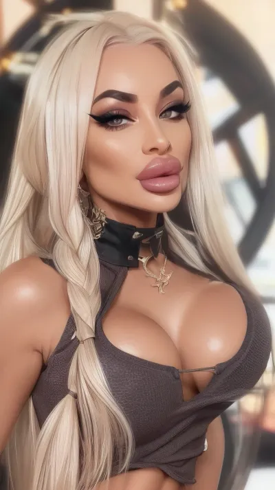 katopunk, RAW, Nikon Z 85mm, award winning glamour portrait, HDR, masterpiece, wearing a tight top, (medium_boltedontits:1.5), (Botox filled lips:.7), (bimbo duck lips:1.2), Bimbo aesthetic, toned, fit, blond braided hair, ((high detailed skin, skin details)), sharp focus, volumetric fog, 8k uhd, dslr, high quality, film grain, beautiful face, highly detailed glossy eyes, fakelips, huge, lips, lip, filler, mssstyle, <lora:katopunk_v3-000007:.6>, <lora:fakelips:.7>, <lora:CherryMouseStreetStyleV4Lora:.4>