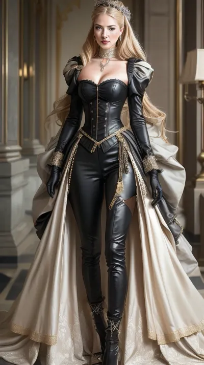 A classic suit with modern grunge elements, hyper detailed hyper realistic stunningly beautiful woman dressed in modern grunge fashion merged with classic tailoring style from head to toe, grunge makeup and accessories, classic suit accents with grungy flair, in the style of eve ventrue, 2d game art, clamp, porcelain, high-contrast shading, According to historical research and descriptions of contemporaries, Catherine II was a woman of average height — about 1.57 meters. Her figure was slender and well-proportioned, which was accentuated by her elegant and stylish outfits. The young Catherine had blonde hair and blue eyes, which gave her a delicate and feminine appearance. Her skin was white and delicate, and her face was oval in shape with expressive features. Her smile was considered charming and attractive.