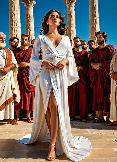 Masterpiece High Definition, Extremely detailed, perfect details, perfectly detailed face, wide shot of an ancient Greek goddess with many men looking at her, set in ancient Greece outdoors with bright sunlight and light blue sky and white fluffy clouds, she is a Muse at Mount Olympus, Olympus, she is wearing loose fit white greek robe with her perfect tits exposed, she is holding a bow with arrow, she is standing posing on top of a stage in the middle amphitheater with many men looking up at her in awe of her beauty, there are robed Greek scholars writing on scrolls, men are surrounding her looking up at her as she inspires their art and poetry, sitting around her as she inspires great poets, 4ng3l, face, great, lighting, <lora:SDXL_BetterFaces-LoRA_v1:.5>, <lora:255596_training_data:.5>, <lora:518653_training_data:.5>, <lora:580159_training_data:.5>, <lora:great_lighting:.5>