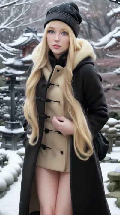 (beautiful blonde in a long black winter coat stands in a Japanese garden:1.4), snow-covered trees, snow landscape, coat closed, (presses collar firmly on neck and face with hands:1.3), long blonde hair, (wool cap on head:1.3), perfect Face, Ultra detailed face, Long eyelashes, Hair falls on the face and over the chest, Small kissing mouth, small elongated lips, Looking at the viewer, Wise ankle-high winter boots, long legs, bubble butt