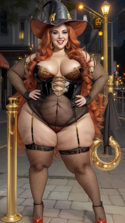 40 year old BBW, chubby face and neck, chubby chin, medium saggy breasts, large smooth chubby belly, thick body, chubby body, thick thighs, thick arms, stretch marks on belly and thighs, wide hourglass hips, fat hips, chubby hips, round chubby ass, smooth looking legs, wide lower legs, chubby ankles, no muscle visible, platform high heels, gold earrings, gold jewelry, (at night posing sexually on a busy sidewalk full of people in front of business), (exposing see through fishnet dark orange witch themed lingerie with latex gloves with 4 fingers and 1 thumb), (long black and red hair), (2 horned witch hat), (non symmetrical body fat), (pussy covered in hair), (hairy pussy showing), (pussy), (correct amount of fingers), (4 fingers 1 thumb), (smiling expression), (looking off into the distance), (full body picture), (far back camera view), (show legs), (show feet), (must show full body), (holding a gold penis shaped dildo), Fixhand, <lora:Real BBW V1:.5>