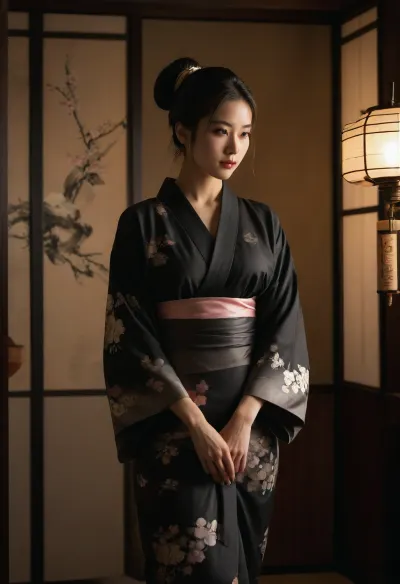girl, japanese, 25 years old, beautiful, slim, thin, wearing kimono, hair in bun, yakona hairstyle, japanese building, dim light, black sumi-e paintings on walls, high quality, high detail, masterpiece, (black sumi-e), paintings, japanese lamp, sakura heron sun drawing black sumi-e style, half naked, nude
