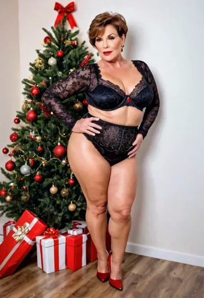 the sexiest mature, 65 years old, bbw, round belly, swell hips, brown pixie short haircut glamour, tall, with a view of the whole body, (((plump))), very sexy and sexy, black lingerie with high waist and long sleeves, sexy red shoes with high pointed heels, new year, new year photo shoot, new Year clothes, background, hall, christmas tree, blacked, cover, blackedwear, ass, breasts, <lora:BLACKED_girls:.5>