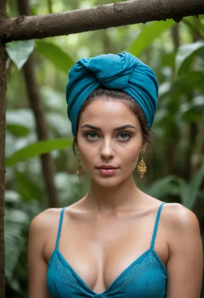 Une femme bronzée majestueuse se tient dans une jungle tropicale luxuriante, baignée de lumière naturelle filtrée par les arbres. Elle porte un turban flamboyante aux teintes rouges, brunes et dorées qui vole au vent, quelques mêches de cheveux s'agitent au vent. Ses mains délicates encadrent son décolleté, tirant vers l'extérieur les fines bretelles d'une robe bleue sans manche en tissu naturel et texturé, d'couvrant sa superbe poitrine, elle porte un sari bleu qui se soulève au vent. Son décolleté est accentué par un collier de fine boule de bois d'acajou qui attire le regard. Sa posture est confiante et gracieuse, exprimant une autorité tranquille et une connexion mystique à son environnement. Son visage est captivant, sans maquillage et une expression envoûtante. Ses yeux bleu intenses perçants, semblent fixer l'observateur avec une aura de mystère. Une petite pierre turquoise est collée au milieu de son front, ajoutant une touche spirituelle à son apparence. Ses lèvres légèrement entrouvertes ajoutent une note sensuelle et énigmatique. Le décor environnant est flou, mettant en valeur sa peau, son cou, ses oreilles et ses poignets, tout en capturant l'atmosphère chaude et vibrante de la jungle tropicale. dimensions anatomiques parfaites des mains, des doigts
pas de collier, des boucles d'oreille rondes en bois d'acajou.
