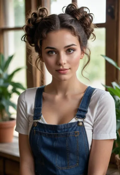 A highly realistic and detailed portrait of a confident, statuesque woman with warm, amber-toned skin and a radiant, natural beauty. She wears fitted, high-waisted denim overalls, accentuating her slender yet athletic physique. The overalls subtly reveal the sides of her chest, adding a touch of sensuality to her casual and stylish look. Her dark, curly hair is styled into playful, voluminous twin buns, with soft tendrils framing her striking face.

Her expression is calm yet captivating, her full lips slightly curved in a gentle, inviting smile, and her large, expressive brown eyes exude a sense of warmth and confidence. She stands in a rustic, sunlit interior with weathered wooden furniture and lush green plants, evoking a cozy and timeless atmosphere. The warm, golden light filters through the windows, casting a soft glow on her skin and enhancing the earthy tones of the environment.

The overall composition focuses on her poise and elegance, blending a harmonious interplay of textures, light, and natural elements, captured in stunning 8K resolution with the precision of a professional DSLR camera. Every detail, from the stitching on the denim to the light reflecting off her smooth skin, is rendered with breathtaking clarity, creating a cinematic and artful representation of modern beauty with a rustic charm.