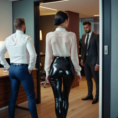 Very glossy latex leggings!! Walking past my office. View through doorway. Busy crowded office. beautiful 18 year-old, gorgeously beautiful tiny petite black-haired girl, toned athletic body, cute but spoilt and arrogant, spiteful cruel expression, haired pulled back with black hair band, wearing skintight very clingy shiny very glossy black pvc latex leggings and white blouse, high-heeled shoes, standing in luxury modern open-plan office. Surrounded by businessmen. Facing away from camera. View from behind