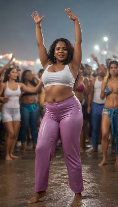 a perfectly curved enormous boobs thick thighs, ((30 years old married Haitian Bengali woman. Crop top and yoga bell bottom trouser highwaist)), bottom heavy and belly, from side bending over, dancefloor party, night-life, wet uneven toned skin and princess clothes, wet wavy tied up hair, (((a beach party, people dancing in the rain))), waves hitting shore, crowded background, carnival crowd, concert crowd