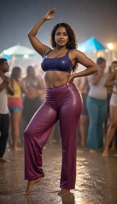 a perfectly curved enormous boobs thick thighs, ((30 years old married Haitian Bengali woman. Crop top and yoga bell bottom trouser highwaist)), bottom heavy and belly, from side bending over, dancefloor party, night-life, wet uneven toned skin and princess clothes, wet wavy tied up hair, (((a beach party, people dancing in the rain))), waves hitting shore, crowded background, carnival crowd, concert crowd