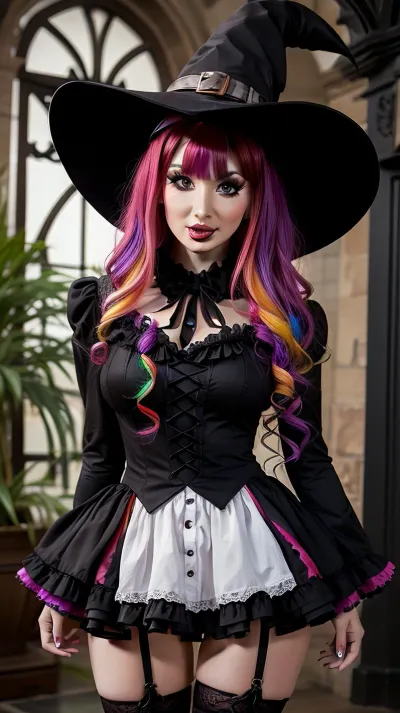 Witch dress, BaileyJay, black, hair, multicolor, <lora:BaileyJay:.5>