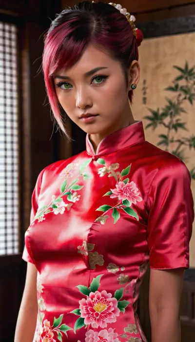 Young, skinny, petite, asian, very dark paled-skin, green-eyed and pink short hair, sumi-e dark painting room, (from Naruto manga), long red qipao dress revealing her natural small breasts and pink haired pussy, (qipao dress:1.2), in konoha, hyperrealism, sharp, ultra detailed, sharp focus, best quality, masterpiece, intricate details, hyperrealistic, natural skin texture