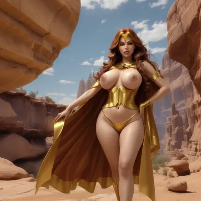 sorceress, ((huge tits)), (nude), golden cape, big breasts, (busty), pussy, indian, auburn hair, long hair, legs, canyon, desert, rocks, magic, orgasm