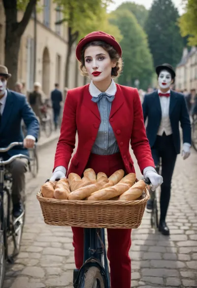 A fully dressed French woman doing French things with baguettes and a bicycle, with a group of mimes