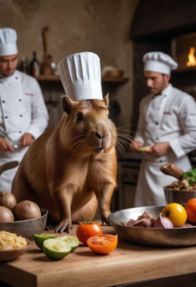 A capibara pretending to be a chef, several naked models in the background