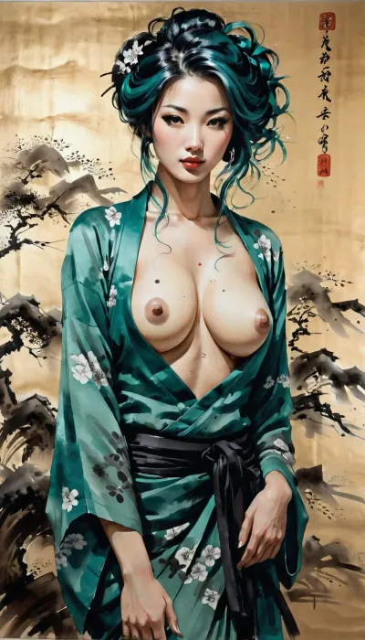(A lot of sensuality), (A lot of beauty), (Sumi-ye style painting of quality), (Sumi-ye style painting of in dim light), (Japanese room with sumi-e ornaments), (No surgery:1.4), (No scars on tits:1.4), (teal hair:1.3), posing, Sumi-ye style painting of Asian woman, Curvy housewife of the month, (perfect eyes), (a few moles), (wide areolae), (no pussy:1.4), sumi-e, <lora:[XL]Sumi-e:.4>, <lora:InkWashpainting:.4>