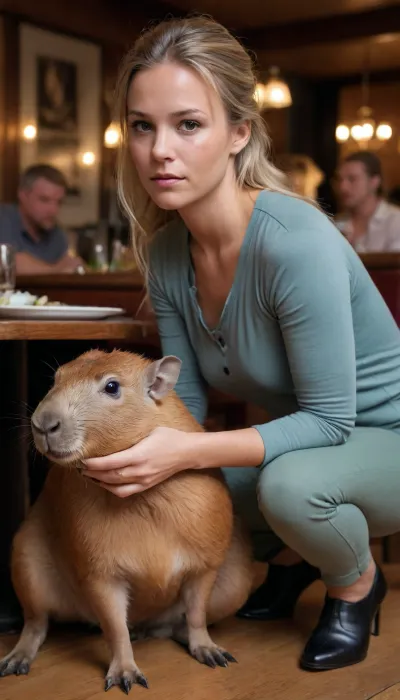 Clothed Swedish model squatting next to capibara at a restaurant, braless, Wearing, clothes, that, make, sense, with, Braless>, <lora:bralessSDXL_v1_00022:.5>