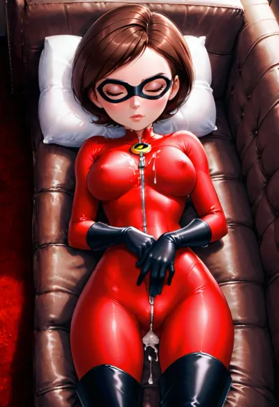1girl, helen, parr, brown, hair, eyes, domino, mask, red bodysuit, black, gloves, thigh, boots, <lora:HelenParrIllustriousXL_byKonan:.5>, on the couch, sleeping, suit zipper open from top, big tits flopping out

Dash Parr masturbating, big dick, cum covering Helen Parr big tits.