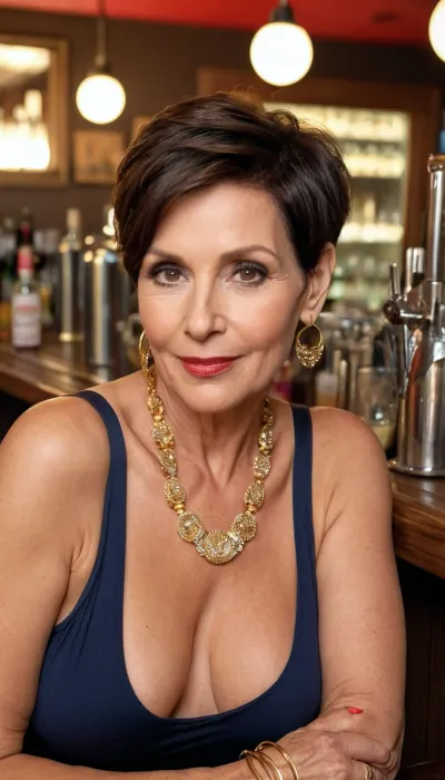 old granny mature, sexy 64 years old, brunette, short pixie hair, super glamour, gold bracelet, big hoop earrings, necklace, curvy, tall, very saggy tits, gold necklace, at the bar, saggy tits, naught horny flirting face, seduction, looking at the camera, selfie, long jaw, big nose, long face