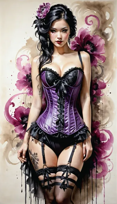 full body painting inspired by Hasegawa Tohaku, Sumi-ye style painting of a woman in a corset posing for a picture, pop surrealism, slaanesh, outfit photograph, cutecore clowncore, burlesque, magenta, art nouveau fashion photography, white and purple, garters, body painted with black fluid, garter belt, fantasy, an oil on canvas painting, contest winner, figurative art, young woman with long dark hair, in style of Tensho Shubun, Highly detailed black sumi-e painting portrait full view, an airbrush abstract figurative art, sumi-e painting in background, sumi-e, <lora:InkWashpainting:.3>, <lora:[XL]Sumi-e:.3>