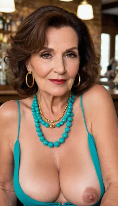 old granny mature, sexy 74 years old, brunette, medium hair, super glamour, gold bracelet, big hoop earrings, necklace, curvy, tall, very saggy tits, turquoise necklace, at the bar, saggy tits, naught horny flirting face, seduction, looking at the camera, selfie, long jaw, big nose, huge face