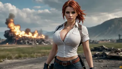 A woman with an athletic, sporty build stands at the forefront, exuding strength and determination. Her fair skin is marked with dirt and scratches from battle. Her striking red hair, slightly tousled, flows from beneath her helmet, adding a wild touch to her fierce presence. Her green or light brown eyes are sharply focused on the horizon, filled with resolve. Her sharp features—high cheekbones and a defined jawline—blend femininity with toughness, reflecting her status as a seasoned survivor. She wears a form-fitting, slightly wrinkled white shirt that emphasizes her bust, (75G), breasts Falling out Shirt, large, breasts, big, boobs, huge, tits, stained with sweat and dirt. The shirt’s sleeves are rolled up, showcasing her muscular arms. A dark tie loosely hangs around her neck, giving her a rugged, battle-ready look. Over her shirt, she wears a bulletproof vest, left open to emphasize her figure, balancing practicality with boldness. On her head is the iconic Level-3 helmet, scratched and dented from countless battles, a symbol of PUBG’s intense action. Strands of red hair escape from beneath it, adding individuality. Across her shoulder is a well-worn M416 assault rifle, showing signs of heavy use, ready for action. A frying pan hangs from her hip, its dark metallic shine symbolizing PUBG’s mix of humor and lethality. Her posture is dynamico, slightly crouched with one leg forward, poised to spring into action. Her hands rest on her weapon, ready for any threat. She stands as a symbol of strength and survival, prepared for whatever comes next in the unforgiving world of PUBG. The background is a desolate battlefield, the ground cracked and dusty, scattered with debris from past firefights. Craters, wreckage, and abandoned weapons litter the area. Thick smoke rises from distant burning vehicles and collapsed buildings. A wrecked Dacia 1300 and a damaged motorcycle lie abandoned, adding to the chaos. Broken walls and ruins spread across the landscape, reinforcing the apocalyptic nature of the environment. The sky is filled with storm clouds, casting shadows over the battlefield, while rays of light break through, highlighting the devastation below. The color palette is gritty, dominated by shades of gray, brown, and ash, underscoring the harsh world. Bright orange explosions and the fiery red glow of fires contrast with the somber colors, adding drama. Dust and smoke swirl through the air, enhancing the chaos. The ground is littered with ammo, discarded weapons, and twisted metal, emphasizing the ongoing battle. Above the scene, the iconic PUBG logo in bold yellow stands out against the dark backdrop, symbolizing the core theme of survival. The woman, strong and determined, perfectly embodies the spirit of PUBG—fighting to survive in a brutal world, <lora:bombshell_v2:2>