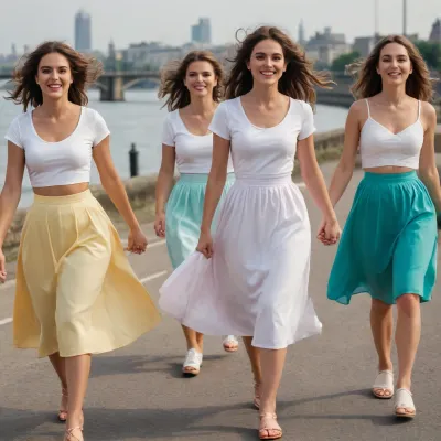 the bride's party, a young woman in a light white knee-length dress, along with her beautiful mother and friends in colored skirts and white T-shirts, are walking along the embankment, the wind lifts their skirts, bras shine through thin T-shirts, hair is beautifully styled, having fun