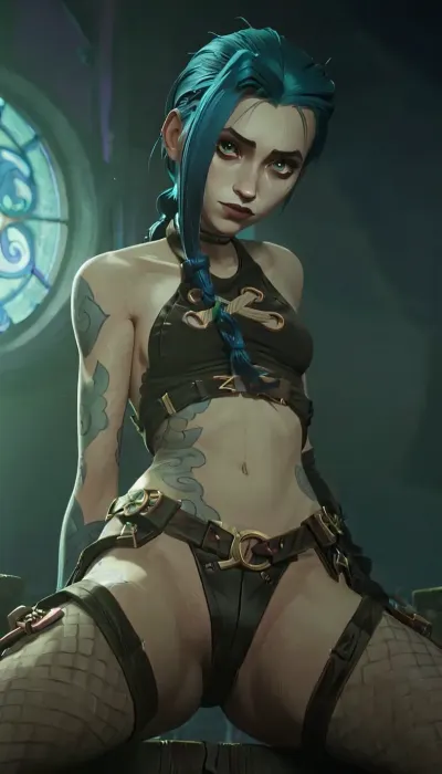 Jinx from Arcane, arcane, perfect feet, full body, sexy, jinx, feet, <lora:jinx:.5>, <lora:arcane-xl:.5>, <lora:RealFeet_xl_v1:.5>