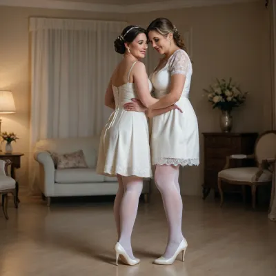 two characters, a 45-year-old mature bride with voluptuous breasts in a long wedding dress and white stockings stands in the center of the room, a young maid in a short skirt and blouse stands behind the bride and hugs her, stilettos, smiling easily, light makeup, full-length, dim light, side view