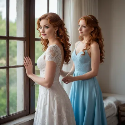 two women, ((a beautiful 25-year-old brunette bride in a gorgeous wedding dress with lace patterns and a neckline, stands at the window, facing the window, side view, long hair, restrained makeup, smiling, dreaming)), ((next to her stands a well-groomed, 45-year-old blonde with red hair curls, in a long blue tight-fitting dress with a slit and a lace neckline)), it's evening outside, a candle lamp is burning on the wall