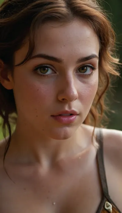 Beautiful female elf warrior, perfect body, sexy chubby, extra wide hips, pear shaped ass, narrow shoulders, chubby but fit, short woman, sweat on body, hot body, wet skin, oily skin, messy hazel brown hair, cute sexy hazel eyes, sexy makeup, defined eyes, visible freckles, perfect face, small elf ears, fairytale, ((submissive)), ((lovely)), (((wild hair with sidelocks))), (((full body view))), (((high detailed legs))), (((high detailed fingers))), ((very much want have sex)), (love juice:1.4), ((high detailed pores on skin)), well-build body, medium tits, small lips, lots of freckles face and skin, blush on the checks and nose, (raised nasal tip, upturned button nose, upturned nose, delicate nose, nose), hypnotized loving yellow brown eyes