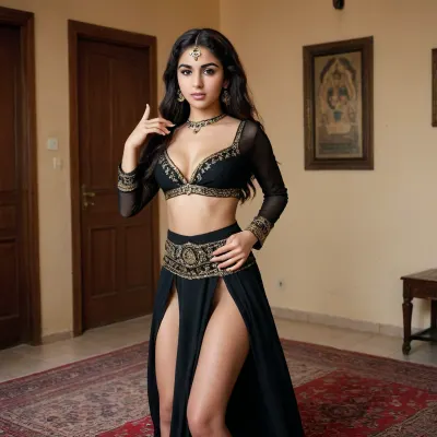 18 year old beautiful and sexy Arab slave girl, no makeup, black eyes, open hair, 3/4 view, bare legs, Arabic dance in a small room, beautiful hands, great fingers, size 85 breasts, big and round hips, black Arabic dance dress with exposed navel
