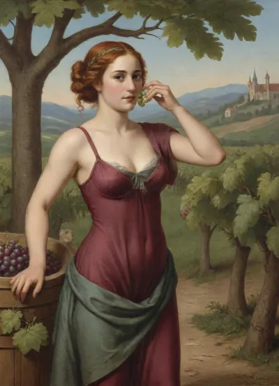 A young woman with a warm smile and flushed cheeks, embodying the essence of fertility and abundance, standing in the center of a quaint, sun-drenched vineyard. She is clad in a topless, pulled down crimson dress that billows gently in the breeze, her big breasts are visible bulging out of topless pulled down dress cleavage as she leans over a large, oak barrel filled to the brim with freshly crushed grapes. Her hair, a cascade of fiery red curls, is loosely tied back with a vine-covered band, a few stray strands caressing her neck and shoulders. The woman's robust arms are bare, showcasing her strength as she deftly stirs the grape mash with a long wooden paddle, her forearms glistening with the sweet grape juice. The setting is reminiscent of an idyllic Renaissance painting, with lush green grapevines stretching out to the horizon and a picturesque stone cottage nestled in the background. The sun casts a soft, golden light on her form, creating an aura of warmth and vitality. Around her, the air is alive with the scent of fermentation and the playful dance of fruit flies, while the sound of her laughter mingles with the rhythmic squish of grapes beneath her feet. The scene exudes a sense of joyful labor and the timeless tradition of winemaking, celebrating the sensuality and fruitfulness of nature in every element., <lora:vintage_illust:.5>, <lora:Modern_Twist_sdxl:.5>