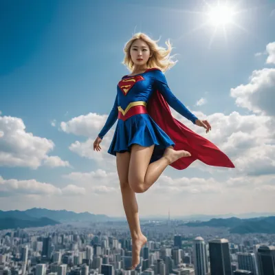 beautifull blonde japanese girl with superpowers dressed like from the DC comics flying in the air barefeet