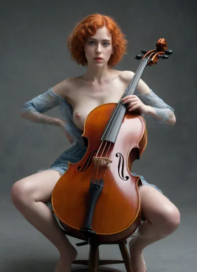 redhead girl, (short body:1.4), (naked:1.5), sitting on a chair, (big violoncello:1.6), legs spread, mouth a bit opened, pleasure look, wet skin, curly pixie haircut, grey background, hdr, intricate details, hyperdetailed, cinematic, (style, of, Jean, Delville:1.8), <lora:tbh140-sdxl:.7>