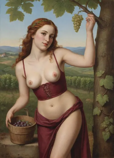 A young woman with a warm smile and flushed cheeks, embodying the essence of fertility and abundance, standing in the center of a quaint, sun-drenched vineyard. She is clad in a topless, pulled down crimson dress that billows gently in the breeze, her big breasts are visible bulging out of topless pulled down dress cleavage as she leans over a large, oak barrel filled to the brim with freshly crushed grapes. Her hair, a cascade of fiery red curls, is loosely tied back with a vine-covered band, a few stray strands caressing her neck and shoulders. The woman's robust arms are bare, showcasing her strength as she deftly stirs the grape mash with a long wooden paddle, her forearms glistening with the sweet grape juice. The setting is reminiscent of an idyllic Renaissance painting, with lush green grapevines stretching out to the horizon and a picturesque stone cottage nestled in the background. The sun casts a soft, golden light on her form, creating an aura of warmth and vitality. Around her, the air is alive with the scent of fermentation and the playful dance of fruit flies, while the sound of her laughter mingles with the rhythmic squish of grapes beneath her feet. The scene exudes a sense of joyful labor and the timeless tradition of winemaking, celebrating the sensuality and fruitfulness of nature in every element., <lora:vintage_illust:.5>, <lora:Modern_Twist_sdxl:.5>