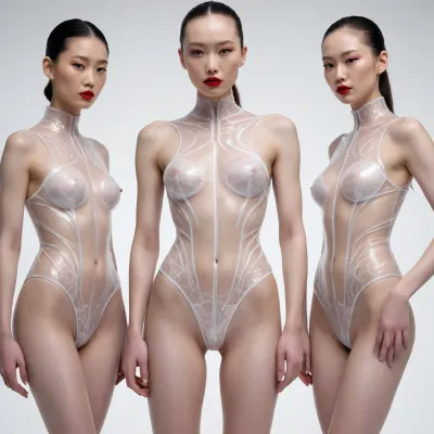 Moda iperrealistica: ai genera una splendida immagine di modelli cinesi in tute d'avanguardia influenzate da iris van herpen e ross lovegrove