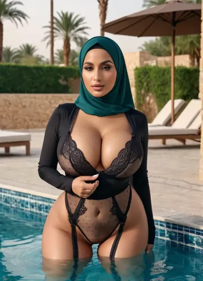 woman, Hijab Girl with huge tits in big lingerie and stockings, wide opend legs on Poolside breasts, big, boobs, huge, tits, <lora:bombshell_v2:.5>, <lora:275493_training_data:.5>