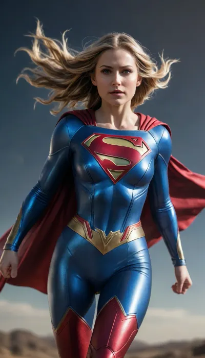 flying supergirl with metallic armor suit