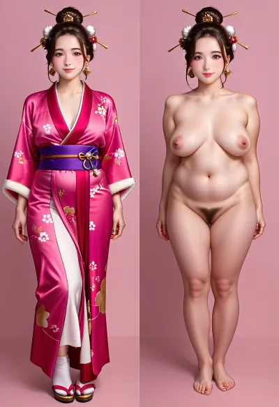 masterpiece, ultra-detailed, best quality, (photo-realistic, hyper-realism:1.2), clear image, detailed face, (full body shot), cute, 21years old, Japanese girl standing straight, (frontal body, arms at sides, wide stance), look at viewer, smile, clean eyes, naked, barefoot, (pretty round face), beautiful dark-brown hair, small hair bun, (hair accessories with gold decoration), (chubby, super saggy breast:1.2), thin_trimmed pubic hair, fully legs covered tattoo, flushed face, (front view, onoff), (2split views:1.2), same_person, same body_proportions, same_face, same_body, same_pose, same_angle, <lora:OnoffXL_ExtraCrispy:.7>, BREAK, (glittering kimono, Purple Maxi_length Kimono, Maxi_length Furisode), fur shawl, short_socks, shoes, septum, nose_ring piercing, earrings, <lora:Kimono:1.2>, (simple light-blue and pink background)