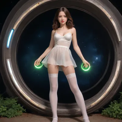 Girl spaceman, high detailed face, hot sexy whore, Glowing, Runes, Rune, Circle, green sparks, middle view, white space costume, beauty legs, beauty hands, sexual girl, erotic girl, leafs and flowers transparent dress, white sexy stockings, white erotic lingery, beauty tits, small tits, lust, slut, beauty ass, spreaded legs, hot pussy, visible pussy, desire, dirty flirting, mini short dress, deep space magic, double star, glowing time portal, plasma portal of ice and sparks, slim body, comet sparks, snow flakes looks like runes, beautypinupart, ladyshadow, c0nst3llation, <lora:[SD XL1.0 LoRa] Star Shadow 星影  ほしかげ Concept:.5>, <lora:c0nst3llation:.5>, <lora:387205_training_data:.5>