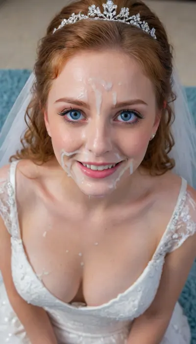 3/4 body shot of, (((beautiful happy woman wearing wedding dress with cum on her face))), (((The woman's face is covered with cum))), (((cumshot on tits:1.3))), (Cum on lips), facial, (((huge tits:1.3))), beautiful smile, View from above, Lush Curly hair, redhead, (((big eyes, blue wide eyes))), <lora:Facials:.5>