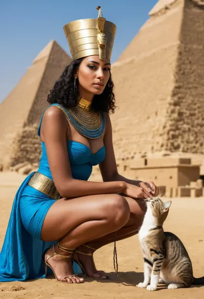 Ultra high definition, ultra high resolution, photorealistic, 30 year old Egyptian queen, thin, dark skinned, pyramid being built, gold and blue tall head covering, stroking a cat, a cat, a scarab, Pyramid in the background, pyramid, Squatting, sitting on his haunches, legs apart, scaffolding, construction, slaves, a whip in their hands.