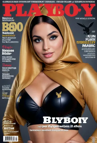 PLAYBOY magazine cover featuring a, (18 yr old), muslim girl wearing a black and gold leather hijab, magazine shows muslim woman wearing hijab with the word "PLAYBOY" on top of her head, with asymmetrical very huge boobs on a magazine, innocent face, blue eyes, brunette, round face, smile, nipples, thick body, pushy, wide hips, wide ass, dark eyebrows, playboy magazine cover, text, losing my virginity, fucking Daddy, I tasted cock and I liked it, <lora:add-detail-xl:.5>, large, breasts, big, boobs, huge, tits, <lora:bombshell_v2:.5>