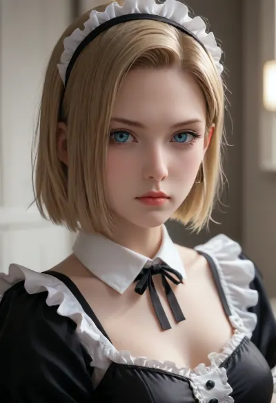 (Android 18), (black latex maid outfit), (serious)