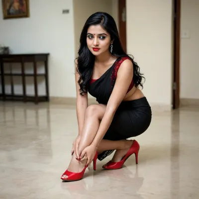 25 year old white indian girl, wearing black saree, on knees, red heels, red lipstick, black hair, horny