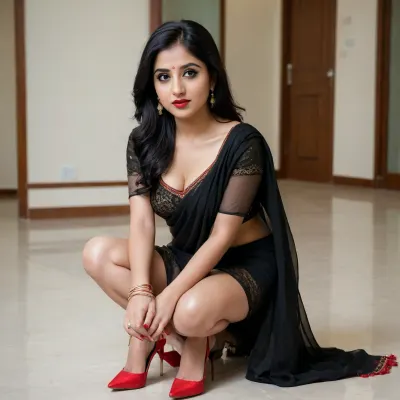 25 year old white indian girl, wearing black saree, on knees, red heels, red lipstick, black hair, horny