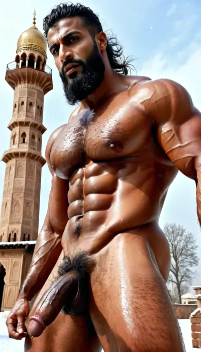 ('Farman Khan' and 'Afzal Khan' are Naked), Very ruggedly handsome Big Muscular Indian Muslim bodybuilders proudly showing their Big Cock in front of Old Mosque within snow, (Handsome and Hot Muslim hunks with very long beard), dark and rough Muslim men, (40 year old, Muslim, tall muscled Arab Indian dark male, rough, dominant, daddy, (hairy armpits and Chest), bodybuilder, enormous thick long dark cock, perfect fingers, oily Sweaty body, (wet messy hair), dilf, Big seductive eyes, Wet body), (big black circumcised penis with big testicles), (rain drops), ultra sharp high definition details, pubic hair, professional photography, insanely detailed, RAW photo, HDR, hyper-realistic, cinematic lighting, photo realism, Big, cock, <lora:xpenis-1.5e:.5>, <lora:pein:.5>