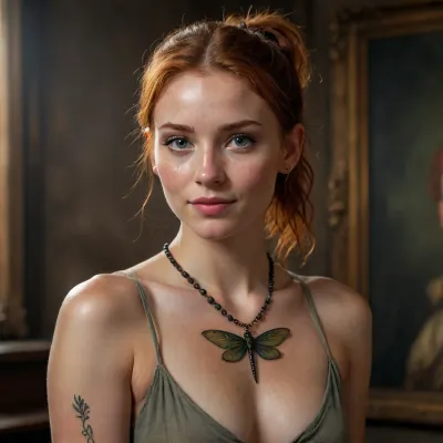 young magic woman, dark ginger hair, short wild sporty messy hair, ponytail, shy smile, freckles, Portrait, tattoo of dragonfly, necklace, (dimly lit:1.4), warm lighting, (light like in old painting:1.5), detailed skin texture, skin pores, detailed face, detailed nipples, sharp focus, photorealistic, hyperrealistic, high resolution, very detailed, 8k, RAW photo, highest quality, masterpiece